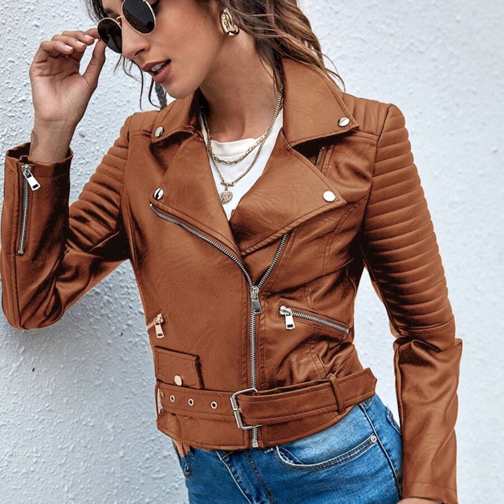 Camel vegan leather zipper biker moto motorcycle jacket